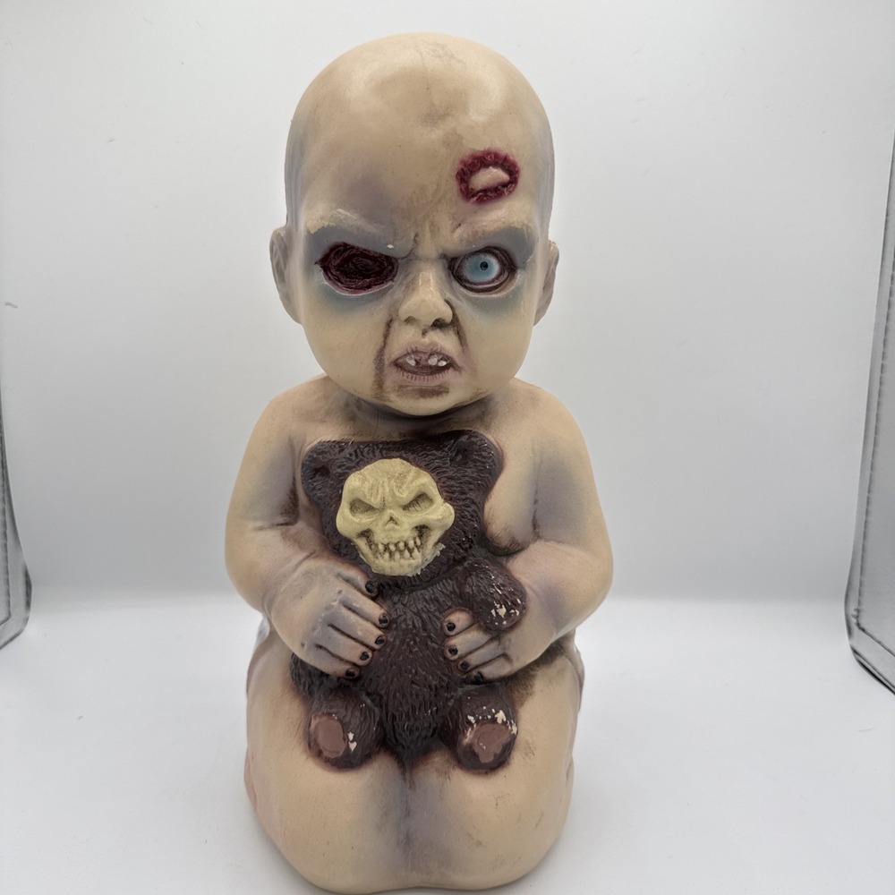 12" Evil Zombie Baby Holding Teddy Bear, Halloween Blow Mold Prop Decoration